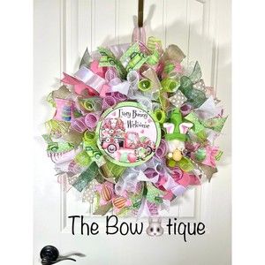 Handmade Easter Bunny Gnome Prelit Ribbon Wreath 22 in LED W12